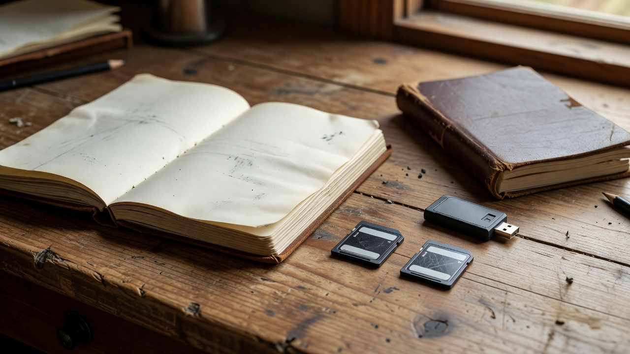Paper field notebook with handwritten wildlife timestamps beside two labelled SD memory cards on a wooden desk