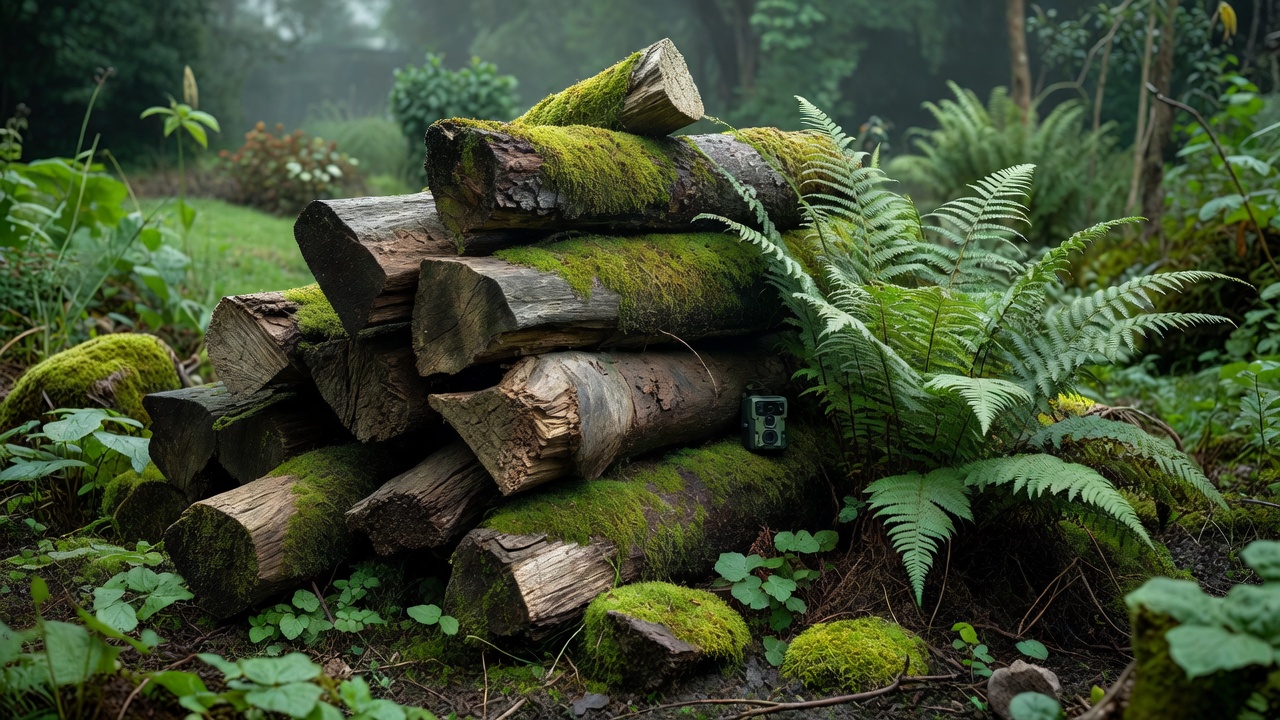 Low-angle view of a mossy garden log pile with a discreet camera positioned beside ferns