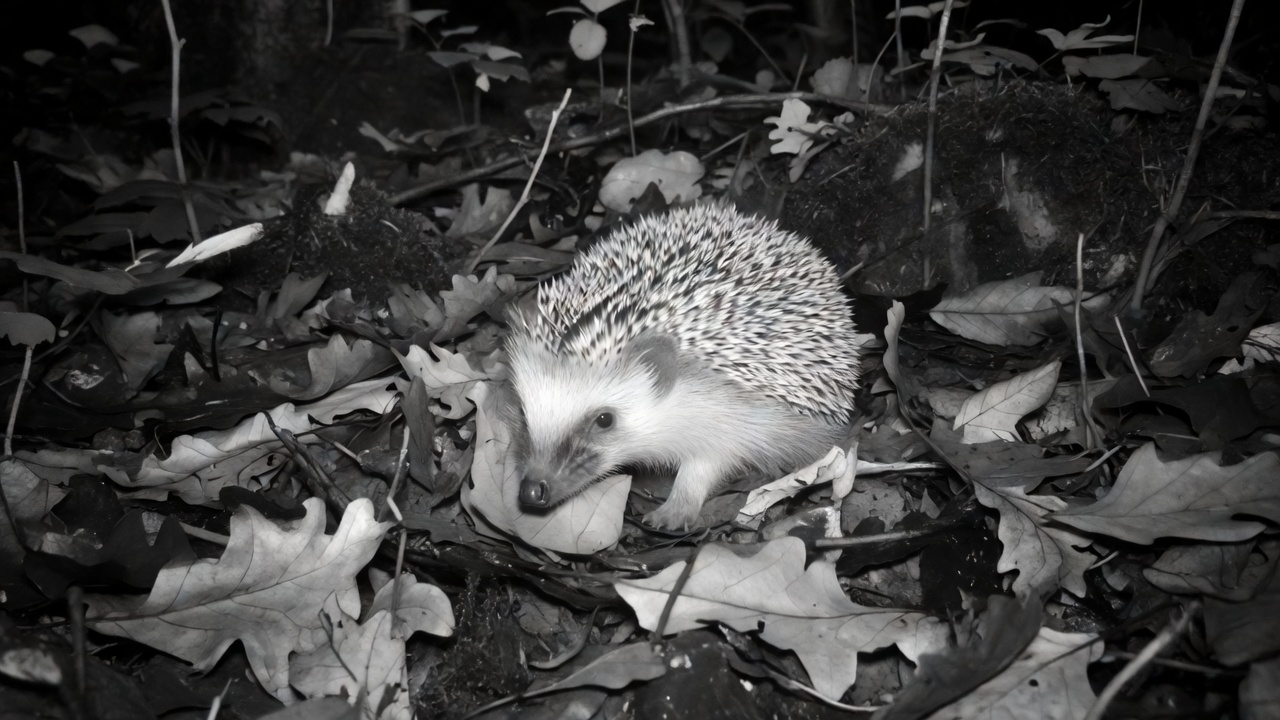Monochrome infrared wildlife camera frame showing a hedgehog foraging calmly among fallen oak leaves