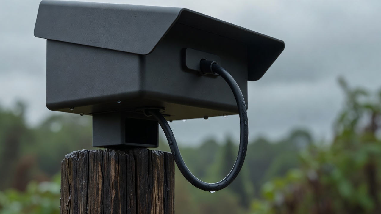 Close view of a matte dark wildlife camera housing with rain hood and cable drip loop on a wooden post